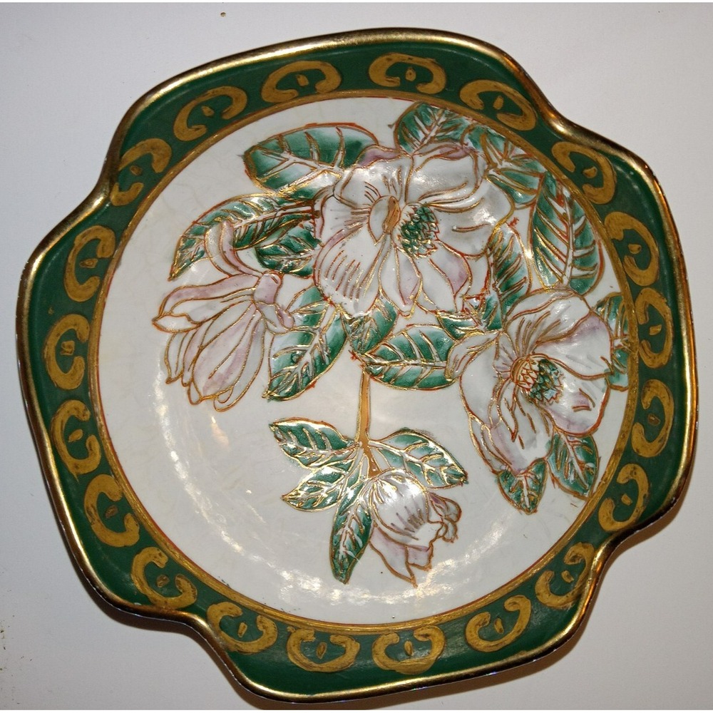 Beautiful Green Porcelain bowl with Hand Painted Green and Gold Trimmed Accents
